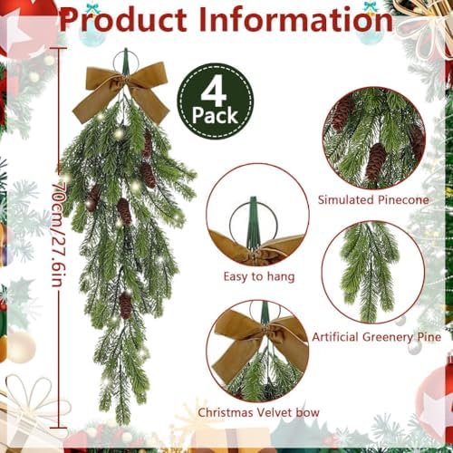 4Pack 276 Inch Pre-Lit Teardrop Wreath with Pine Cones and Fairy Lights