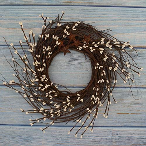 Primitives Rustic Wreath with Barn Stars and Berries 12 Inch Ivory