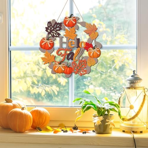 Aymolas Hello Fall Wreath Wooden Welcome Sign for Front Door