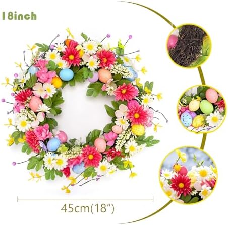 18 Inch Artificial Spring Door Wreath with Eggs and Flowers