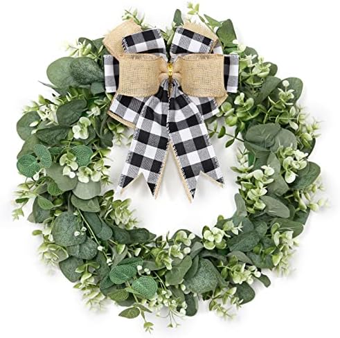 Dremisland Buffalo Plaid Wreath 16 Inch Artificial Eucalyptus Wreath with Plaid Bow
