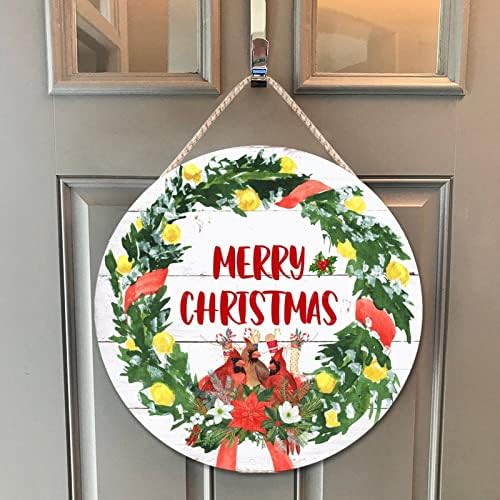 Farmhouse Front Door Hanger Red Birds Holly Wreath Christmas Wood Sign 1