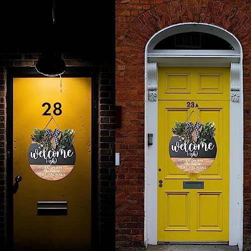 Welcome Sign for Front Door - Round Wood Wreath with Farmhouse Design