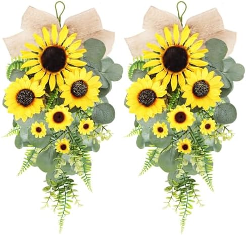 24 inch Artificial Sunflowers Teardrop Wreath with Burlap Bow