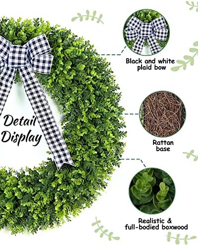 Vlorart 32 Inch Faux Boxwood Wreath with Plaid Bow