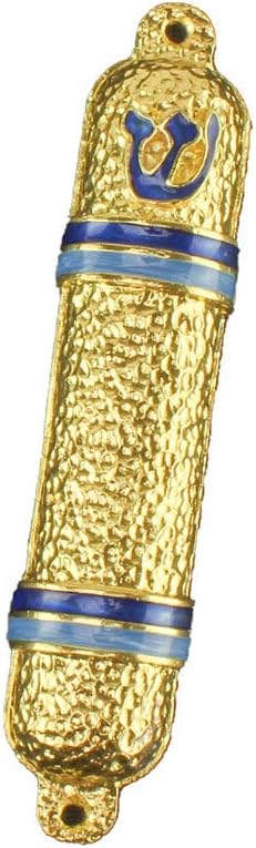 Judaica Hammered Metal Mezuzah Case Gold Blue