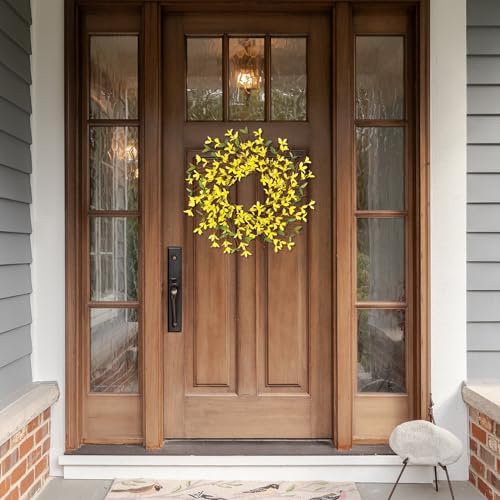 Collections Etc Spring Forsythia Floral Door Wreath in Pink