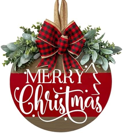 Red Plaid Christmas Welcome Door Sign with Deer and Snowflakes