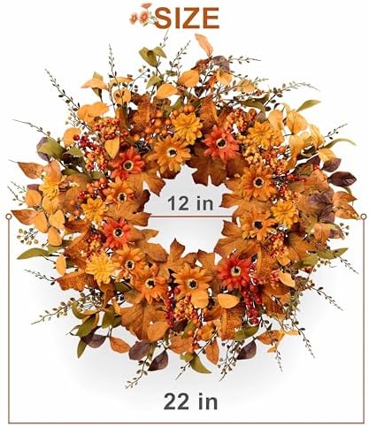Artificial Fall Wreath 22 Inch Autumn Door Decor