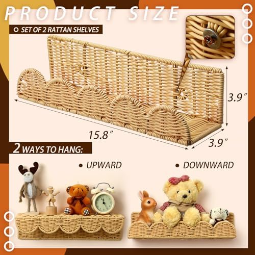 Pinkunn 4 Pcs Floating Rattan Bookshelves for Wall Mounting
