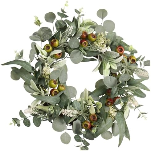 22 Inch Eucalyptus Berry Wreath with Realistic Lambs Ear Leaves