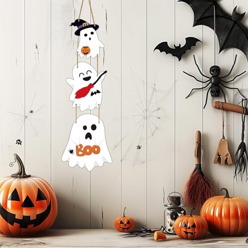 Cute Halloween Wreath with 3 Ghost Plaques Door Decor