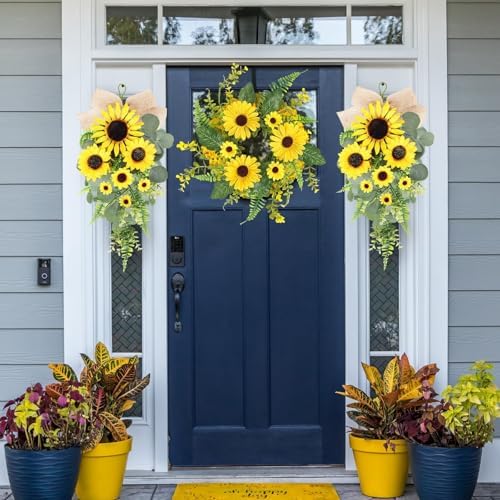 24 inch Artificial Sunflowers Teardrop Wreath with Burlap Bow