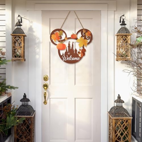 Welcome Fall Door Sign with Mouse Pumpkin Squirrel Hazelnut Maple Leaves