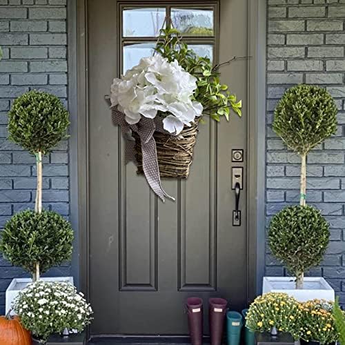 Cream Hydrangea Door Wreath Basket Spring Welcome Sign
