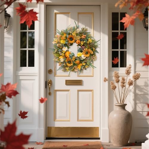 24 Inch Fall Wreath with Sunflowers Pumpkins Leaves for Front Door
