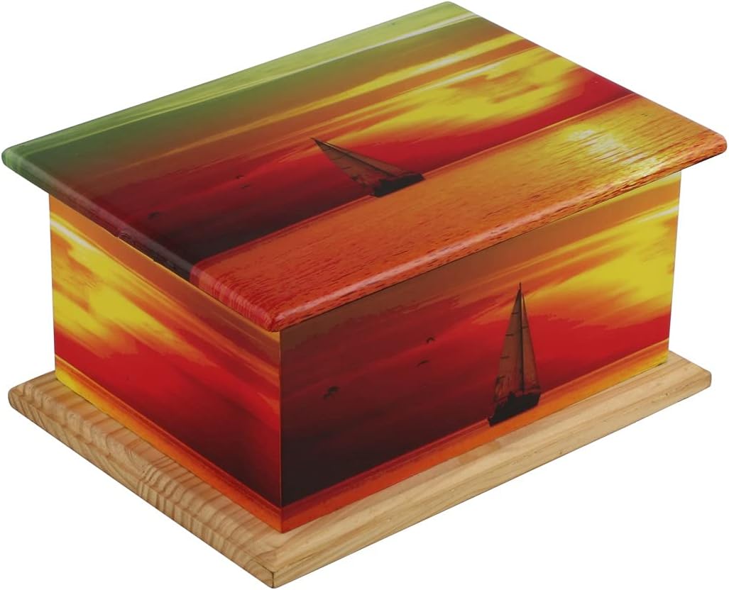Sunset Decorated Wooden Cremation Urn