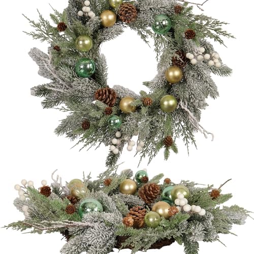 22-inch Snow Flocked Artificial Christmas Wreath with Gold Green Ornaments