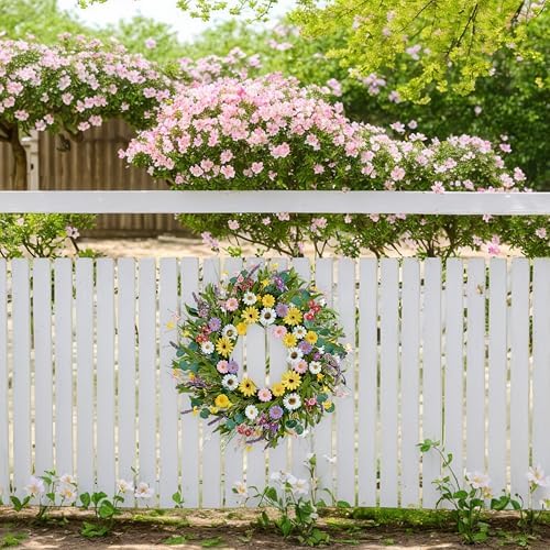 22 Inch Artificial Spring Wreath with Yellow Daisies and Green Eucalyptus Leaves