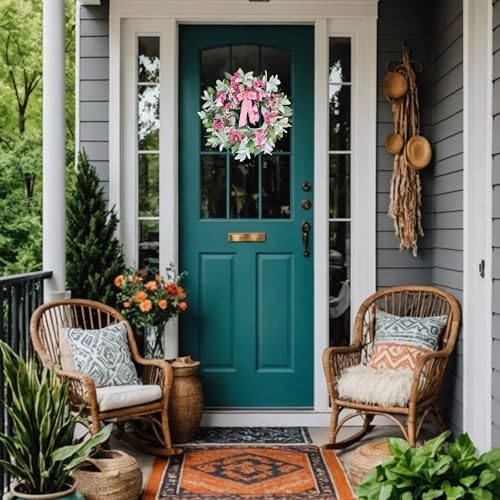 Romantic Lambs Ear Wreath for Front Door with Hot Pink Ribbon