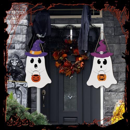 Shellwei 2 Pcs Halloween Welcome Sign Ghost Door Decoration