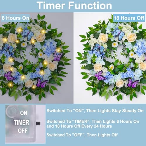 24 Inch Blue Hydrangea Wreath with Butterfly Lights Timer