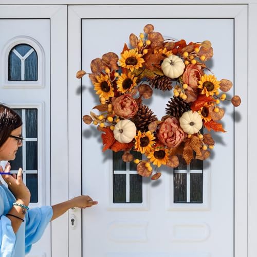 Pudate Artificial Fall Autumn Wreath 22 Inches