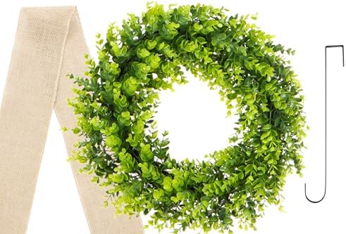 20-Inch Boxwood Wreath with Metal Hanger Burlap Ribbon