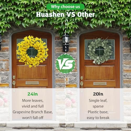 Huashen 24 Inch Yellow Forsythia Summer Wreath for Front Door