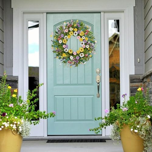 22 Inch Artificial Spring Wreath with Yellow Daisies and Green Eucalyptus Leaves