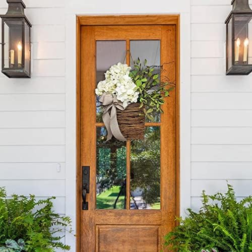 Cream Hydrangea Door Wreath Basket Spring Welcome Sign