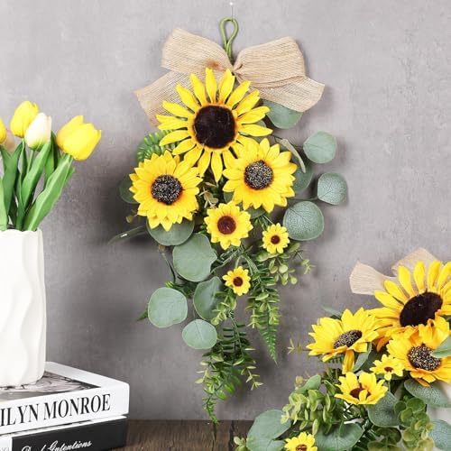 24 inch Artificial Sunflowers Teardrop Wreath with Burlap Bow