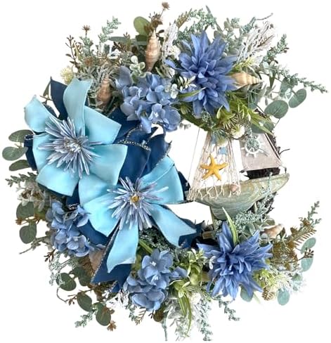 Summer Seaside Blue Floral Wreath with Bowknot
