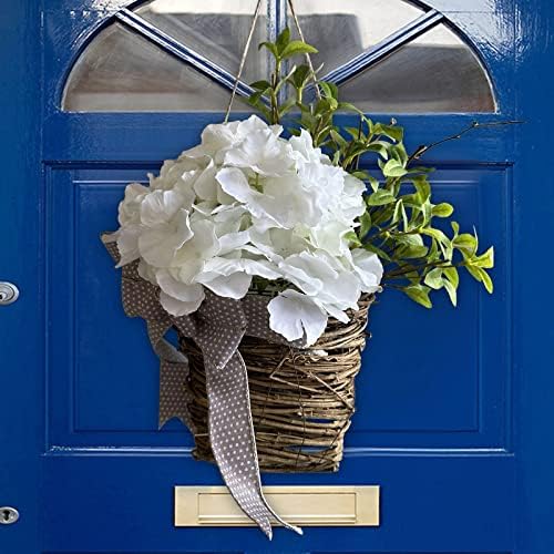 Cream Hydrangea Door Wreath Basket Spring Welcome Sign