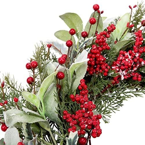 20 Inch Artificial Christmas Wreath with Lambs Ear Leaves Snow and Red Berries