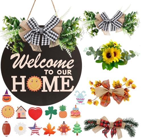Interchangeable Welcome Sign with 4 Wreaths and 14 Holiday Icons