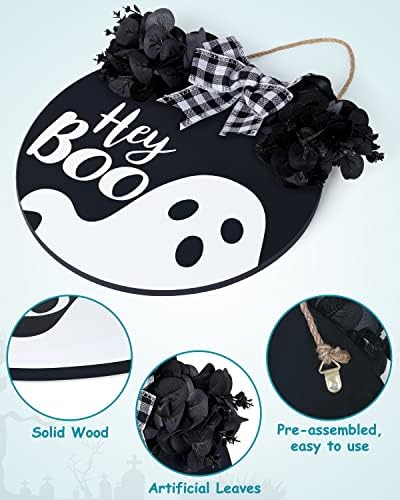 Black Halloween Wreath with Hey Boo Sign