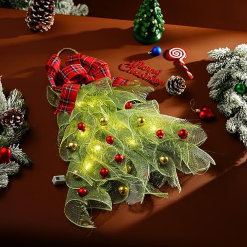 Handmade Christmas Wreath with Red Bow and Lights for Front Door