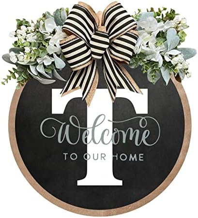 Unique Initial Last Name Round Front Door Wreath with Bow