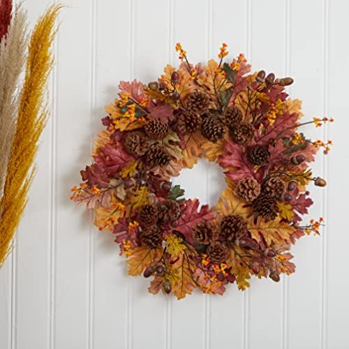Nearly Natural 24in Oak Leaf Acorn Pine Wreath