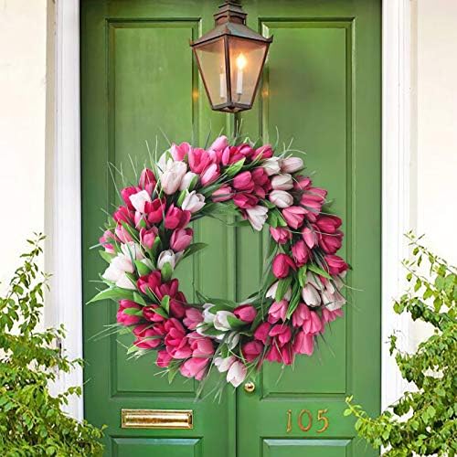 IUIBMI 20 Inches Artificial Door Wreath with Pink Tulips