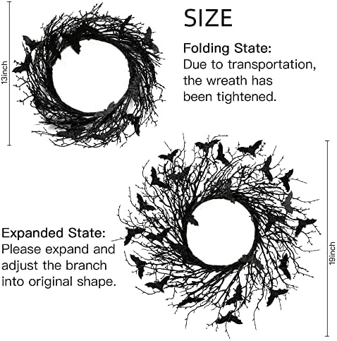 Sggvecsy 177 Inch Black Twig Wreath with Glitter Bats