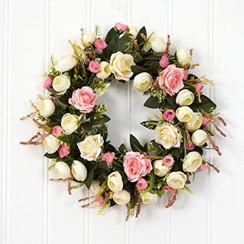 Nearly Natural 20in White and Pink Rose Artificial Wreath