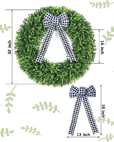 Vlorart 32 Inch Faux Boxwood Wreath with Plaid Bow