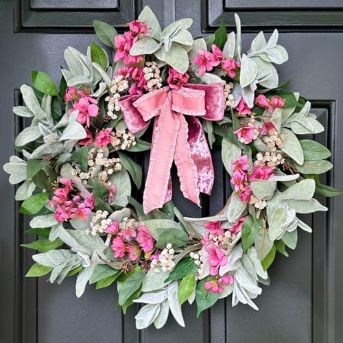 Romantic Lambs Ear Wreath for Front Door with Hot Pink Ribbon
