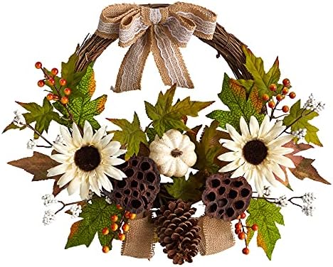 Nearly Natural 20in Autumn Sunflower Wreath with Bow