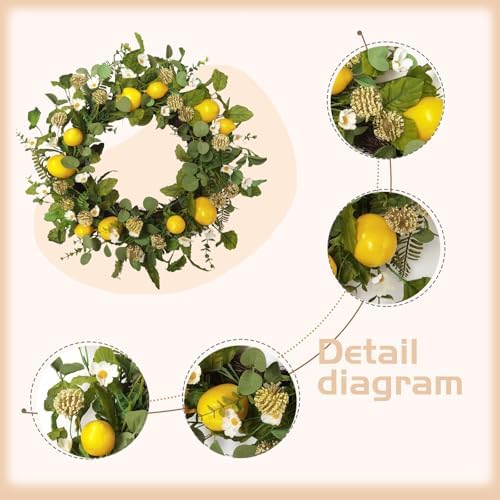 Idyllic 22 Inch Summer Lemon Wreath with Green Leaves