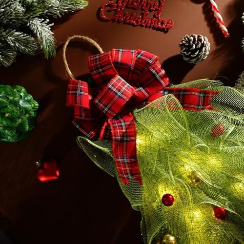 Handmade Christmas Wreath with Red Bow and Lights for Front Door