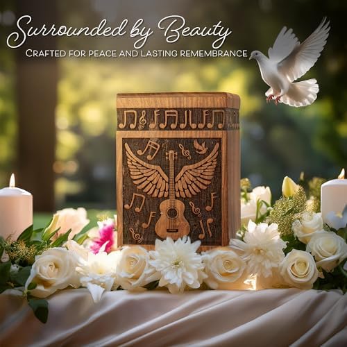 Handcrafted Wooden Cremation Urn with Angel Wings and Musical Notes