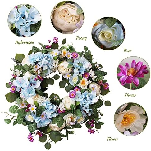 24 Inch Blue Hydrangea Wreath for Front Door